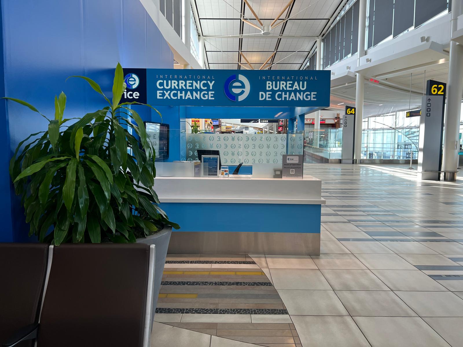 ICE Currency Exchange post-security at Edmonton International Airport YEG domestic departures Gate 62