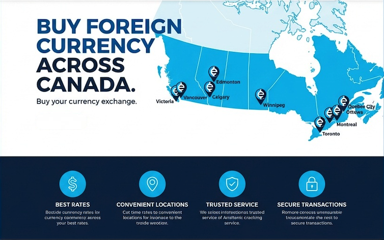 ICE Canada foreign currency exchange campaign banner promoting currency pickup locations across Canada